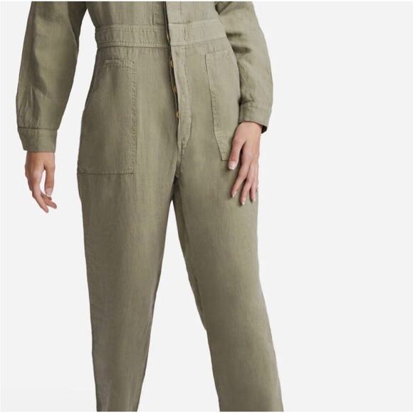 Mate The Label Linen Jumpsuit Long Sleeves Button Front Pockets Green Small NEW - Picture 2 of 10